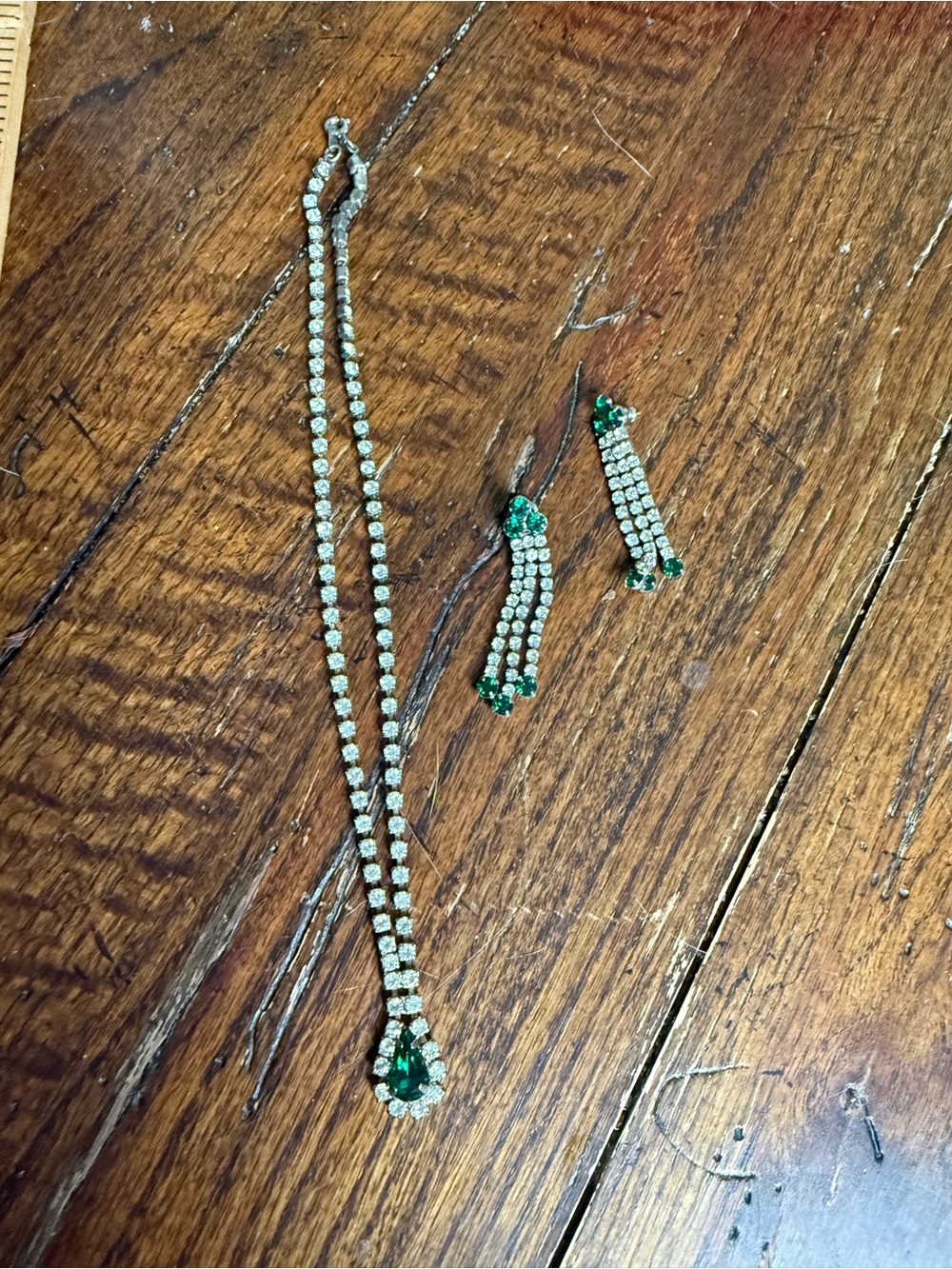 Vintage Costume Rhinestone Necklace and Drop Earrings with Teardrop Accents